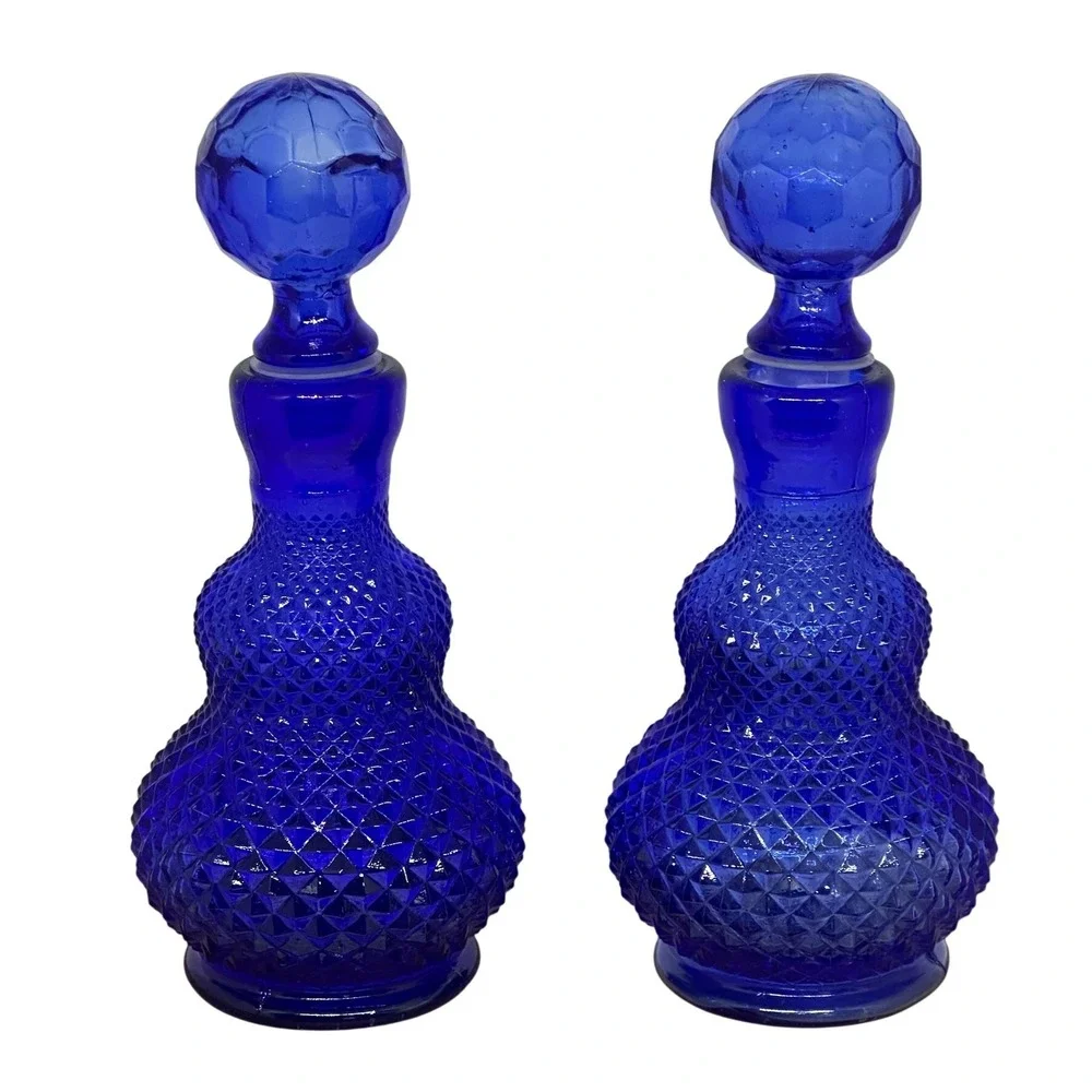 VTG Made In Taiwan Cobalt Blue Glass Decanter Bottles Diamond Point Set of 2